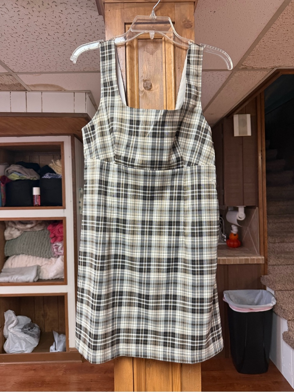 Hem & Thread Black and Cream Plaid Square-Neck Mini Dress